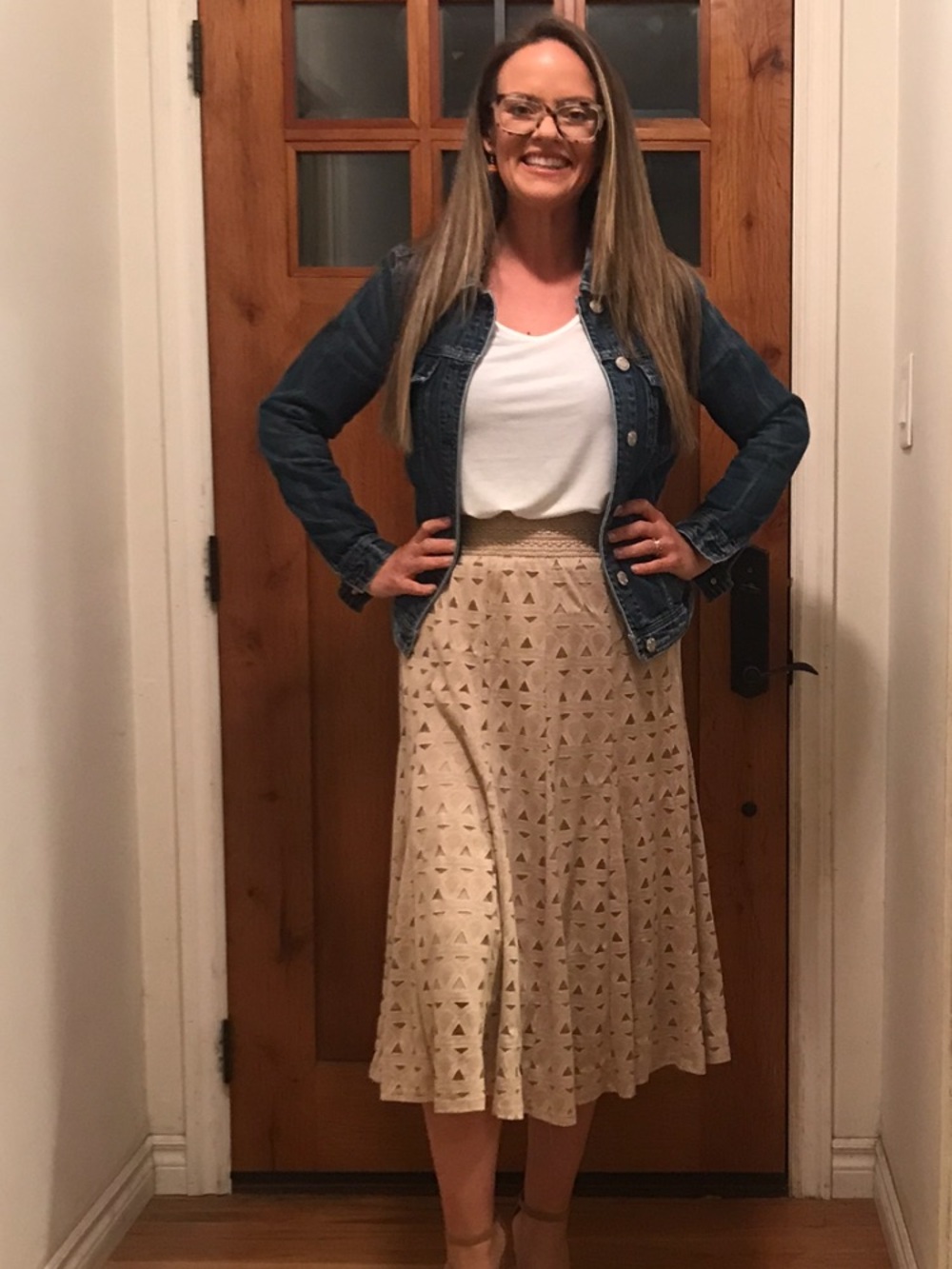 Lapis Neutral Beige Crochet-Waist Patterned Midi Skirt